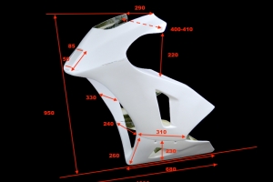 Moto 2 ICP Caretta 2010-2012 Front fairing Racing - incl. DZUS Quick fasteners SET, dimensions