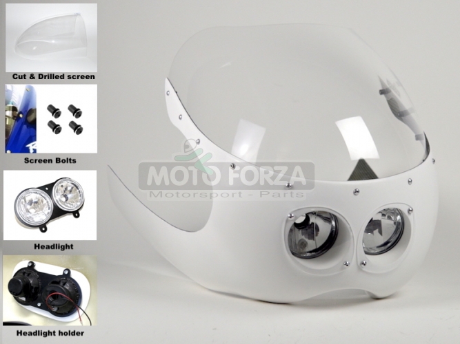 preview - SET - UNI Half fairing style Bol d'Or  - Ducati, Moto Guzzi, BMW etc., screen cutter and drilled, headlight 290mm, screen bolts, light covers from screen